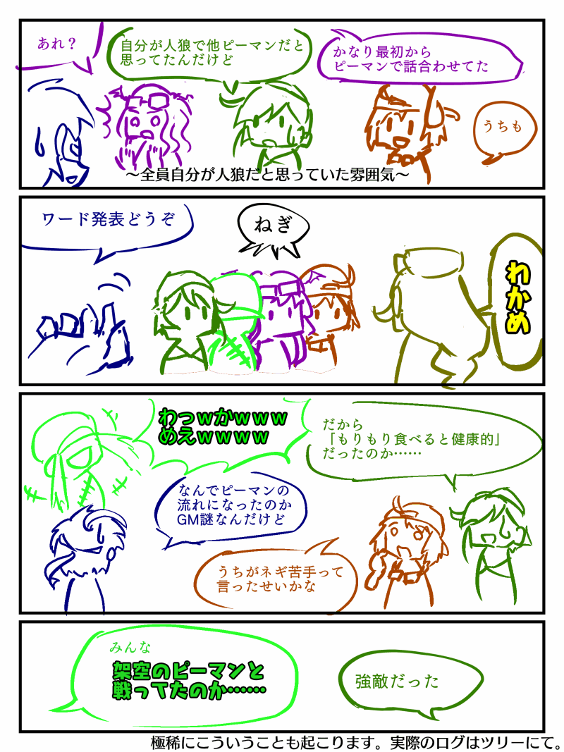 某コミュニティでワード人狼をやるので軽くルールをマンガで書いた。
楽しいよワード人狼。個別チャットと全体チャットができる環境ならやってみるといい。
#きみみのびびあみ