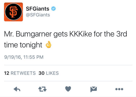 For today's #MistakeMonday we have a great reminder of why your entire organization should be trained in social media as well as the players.

The SF Giants tweeted this when congratulating their pitcher on a strikeout.

THINK BEFORE YOU POST!!!