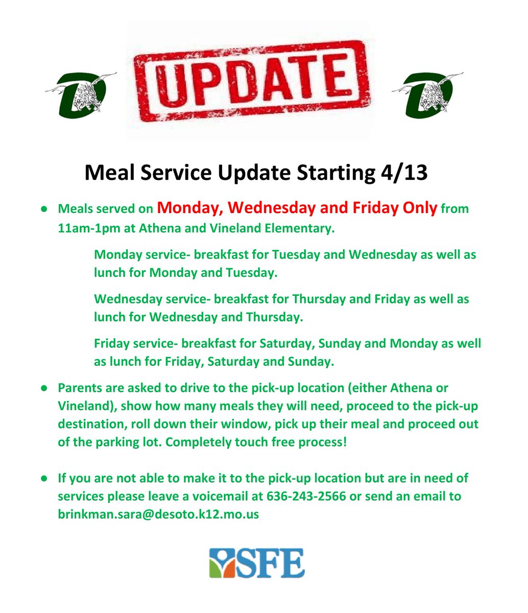 DeSoto73's tweet photo. Reminder of the Meal Service Update

We will be providing two meals a day for all seven days of the week by distributing multiple meals on Monday, Wednesday, and Friday.

@DeSotoHS73 @DeSotoJH @DeSotoVineland @AthenaElem @eccdragons73 https://t.co/nY7W7KuvIo