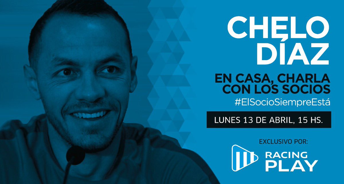RacingClub's tweet photo. ⚠️ ¡Atención! ⚠️

A las 15 ⏰, @CHELODIAZ_21 charla con 3️⃣ socios de Racing en @RacingClubPlay 🖥

☑️ @chfrancese 
☑️ @gutierrez_akd 
☑️ @soldeluna28 

#ElSocioSiempreEstá 
#QuedateEnCasa https://t.co/Jn672pKza9