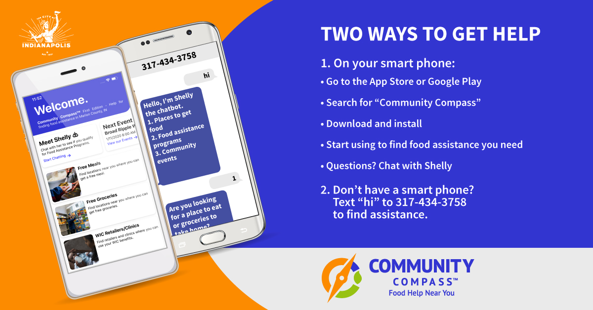 ReachMarionCo's tweet image. Use Community Compass both with and without a smartphone, download from the App Store or Google Play! 

**If you don’t have a smart phone, you can use any mobile phone to text the word “hi” to 317-434-3758 to find assistance.** #CommunityCompass #Hunger Indy Hunger Network