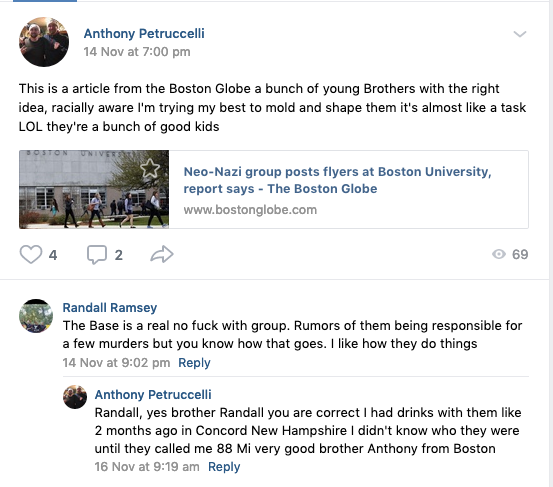8/ In November 2019, Petruccelli claimed that on VK he had met with New England members of The Base.This was also the point at which Zachary began to regularly interact with Petruccelli on Facebook.