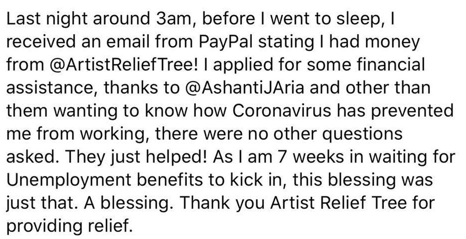 ArtReliefTree's tweet photo. Another wonderful note from one of our Relief Tree recipients! We want to cry when we know that we're doing SOMETHING. Visit https://t.co/BSRmXFIIz5 to see how you can help. #payitforward #artmatters https://t.co/m0MCVeGGn2