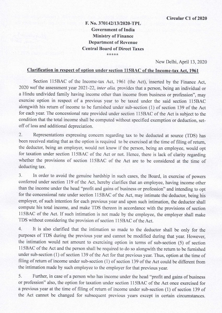 IncomeTaxIndia's tweet image. 1/2) CBDT issues Circular C1 of 2020 dated 13.04.2020 clarifying the process of exercising of option by a taxpayer with regard to deduction of tax at source if he/she opts for the concessional rates of tax as per section 115BAC of IT Act,1961
#StaySafe
#StayAtHome 
#WeCare