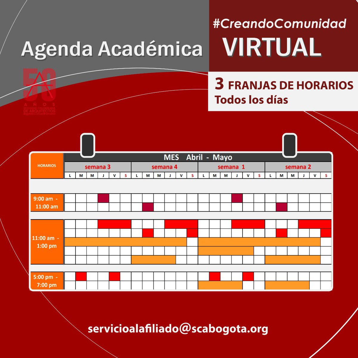 SCABOGOTA's tweet photo. #CreandoComunidad 🅰️ AGENDA ACADÉMICA VIRTUAL💻: 👉🏼 3 franjas de horarios / 3 temáticas diferentes. ESPERE la Agenda Mensual ABRIL – MAYO 🗓 ¡Sigamos en casa sin detener nuestra actualización! 💫#SCABC
Info: servicioalafiliado@scabogota.org https://t.co/QdI3tgLo2Y