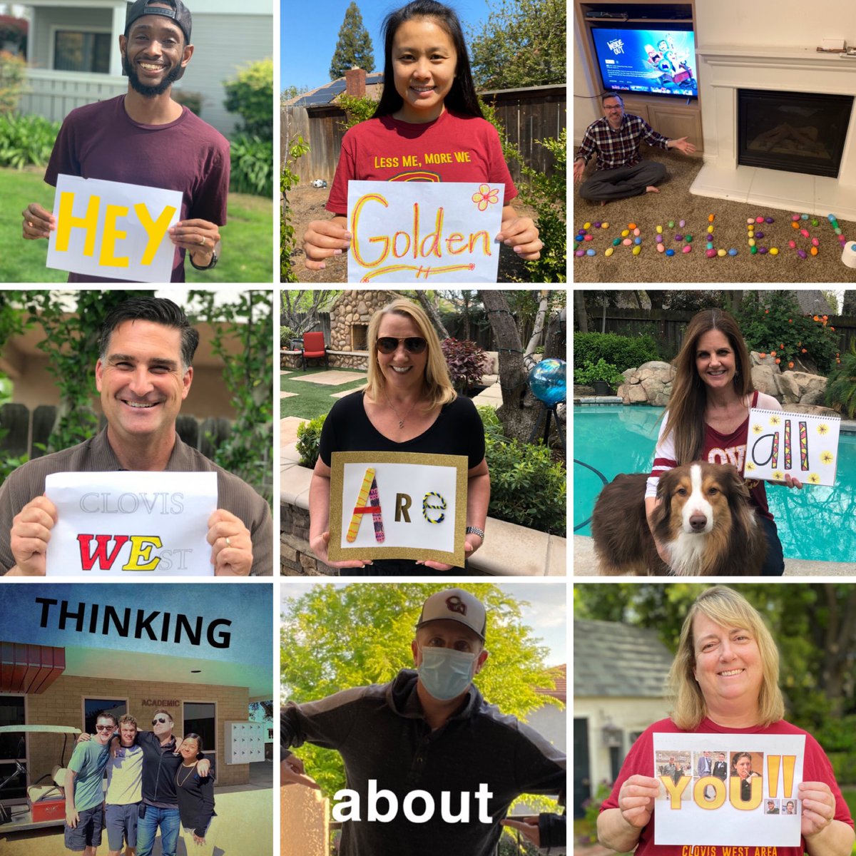 ClovisWest's tweet photo. Golden Eagles, during these crazy and uncertain times we just want you to know that we miss you and we are thinking of you! ❤️💛 #cloviswest #goldeneagles #thewestmovement https://t.co/pO1hNDd59y