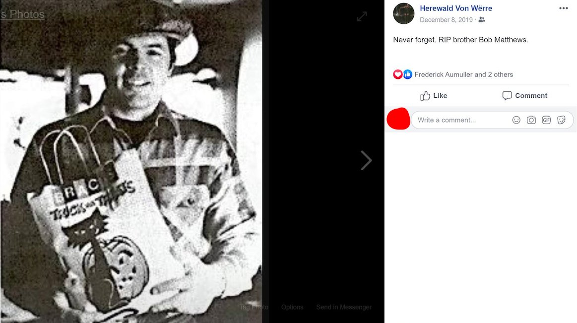10/ Zachary also began to post increasingly violent material on social media.Here, he memorializes Bob Matthews, founder of The Order, who was killed in a shootout with federal law enforcement in 1984.