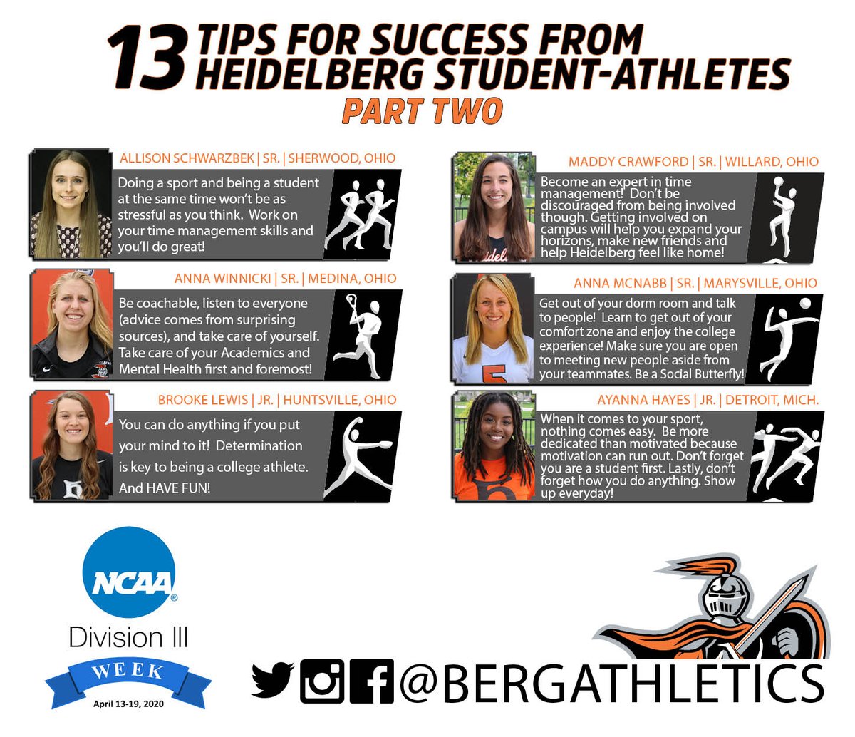 Today, we kick off our annual #D3Week celebration with some tips for incoming students.

Many of our newest followers are HS seniors who have said "Yes!" to HU. To help them, we've asked some of our most accomplished student-athletes for their advice.

bergathletics.com/d3week2020