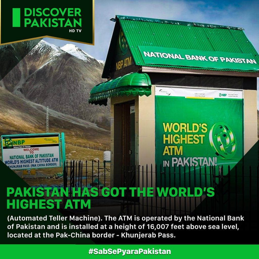 DiscoverpakTv's tweet photo. #DidYouKnow?
Pakistan has got the world’s highest ATM (automated teller machine). The ATM is operated by the National Bank of Pakistan and is installed at a height of 16,007 feet above sea level, located at the Pak-China border
#HighestATM #DiscoverPakistan #SabSePyaraPakistan https://t.co/Bpq8QyCarK