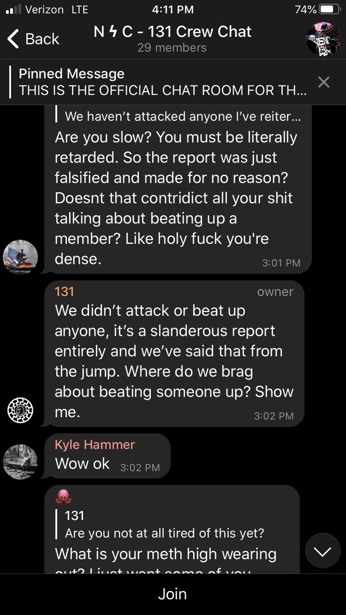 12/ In these screenshots, Chris Hood ("131") argues with a Patriot Front member about whether or not Zachary Brackett stabbed a PF member in that confrontation.