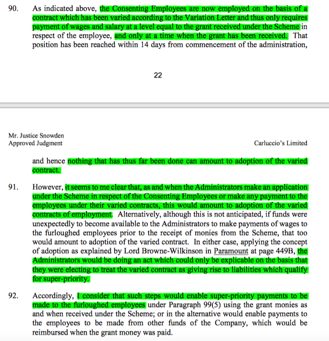 12/ In respect of consenting employees, the Judge held adoption occurred at the point of application for the grant under the Scheme. That act then placed those employees in a super-priority position under para 99.