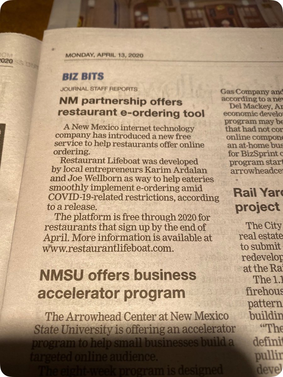 restaurantlb's tweet photo. Restaurant Lifeboat was featured in today's @ABQJournal’s Business Outlook! If you know any restaurants that need online ordering send them to ‘https://t.co/bC3MZ62VPu’ and help spread the word. 🙏🏼 https://t.co/SgofLDykTI