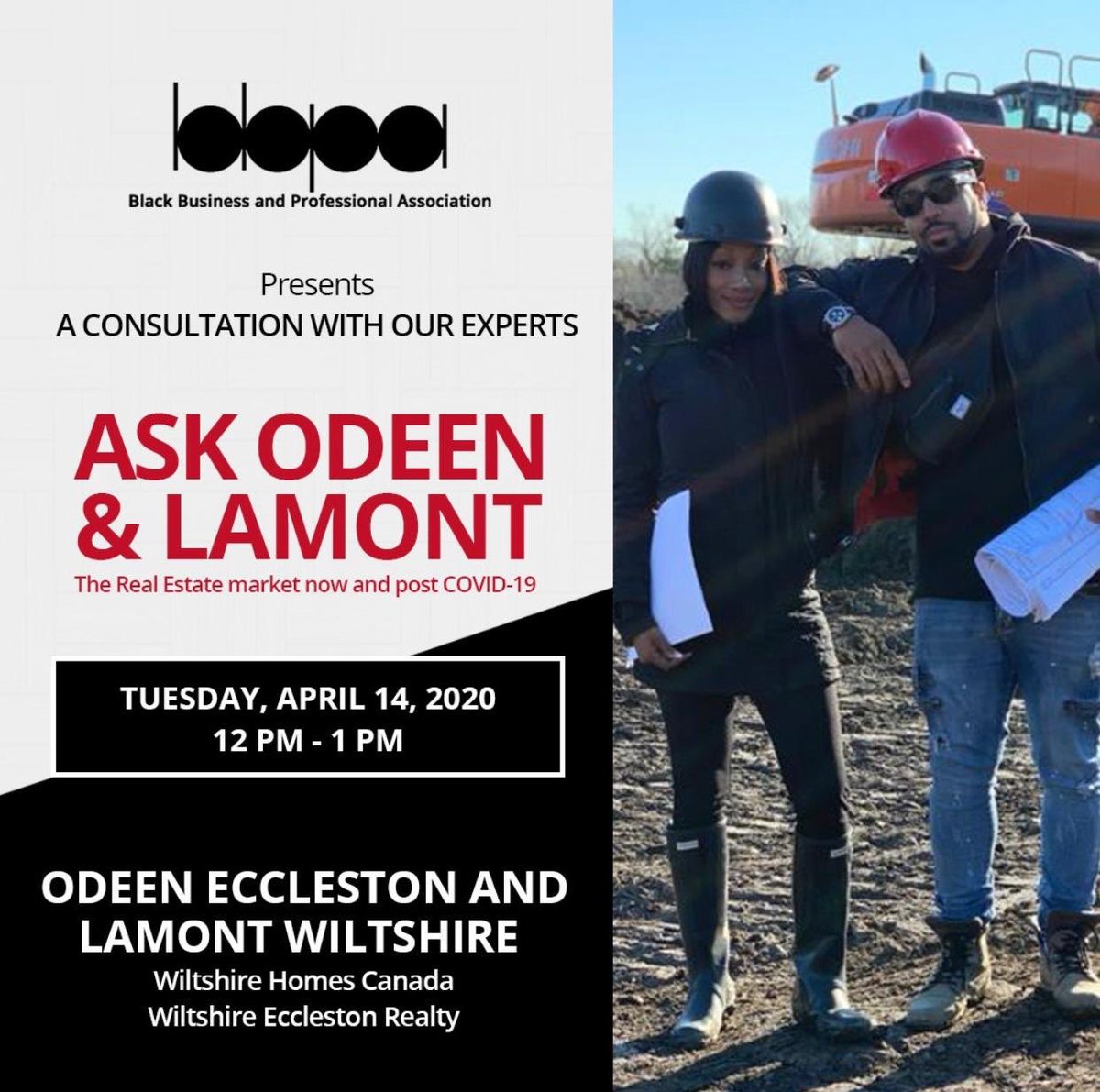 Odeen's tweet photo. The @TheBBPA is inviting you to a scheduled Zoom meeting: Join us for the our “Ask a Professional” series on Tuesday, April 14 @ 12pm with
Odeen Eccleston & Lamont Wiltshire of #WiltshireHomes & #WeRealty https://t.co/QNew1n367A
