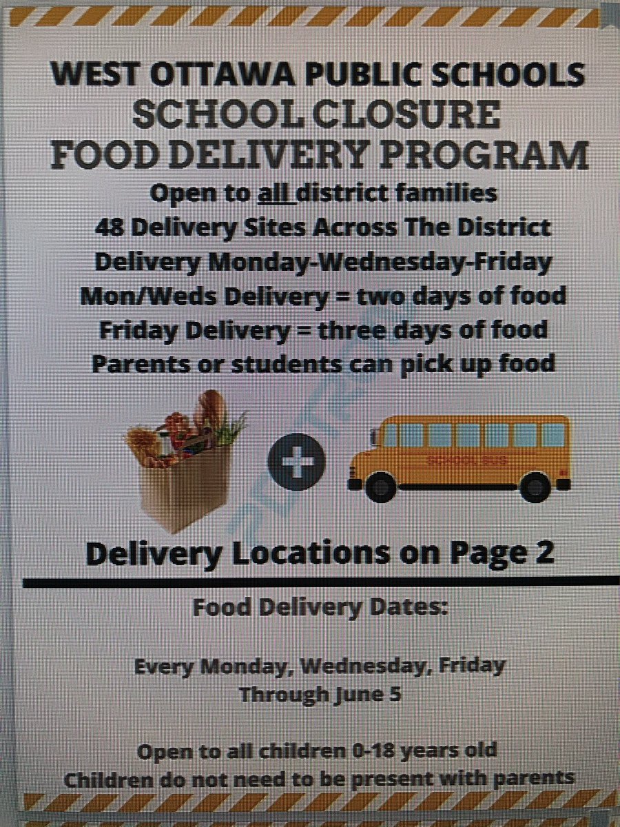 Food Delivery Program extended through 6/5/20 and will continue to deliver (Mon/Wed/Fri).  This not only provides a huge service for our families, but keeps our Food Service Fund robust as these are federally reimbursable meals.  Thankful for the many hands that do the work!