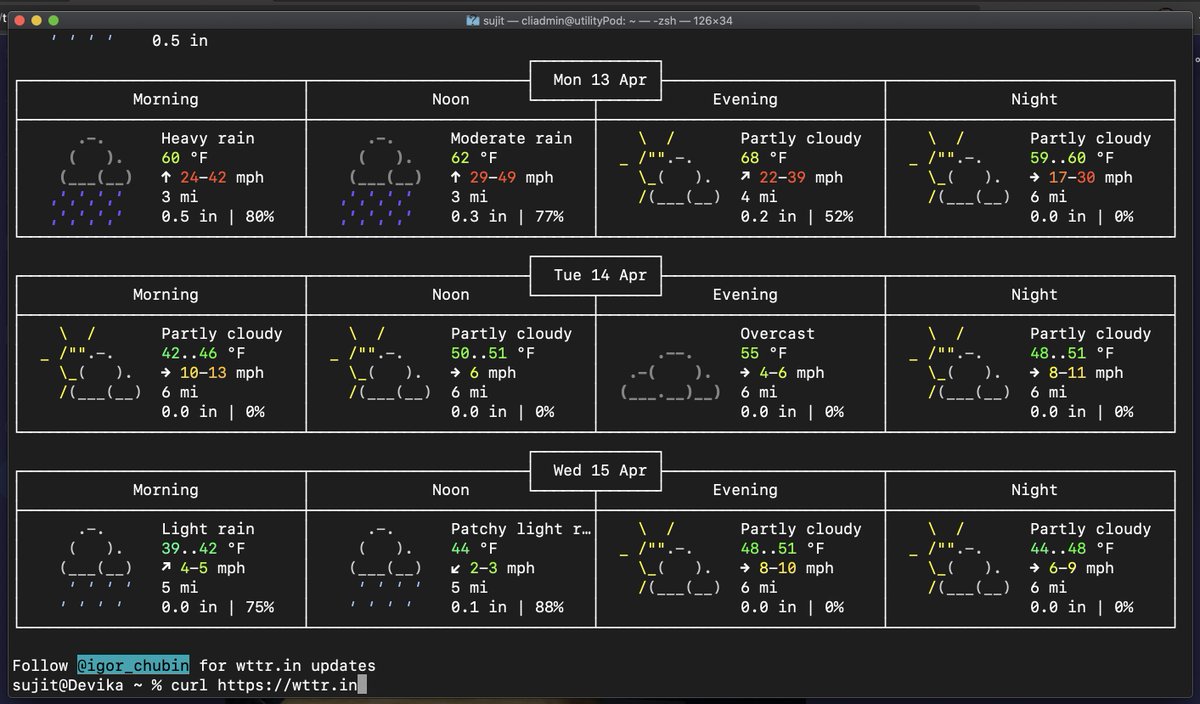 If you hang out at the command-prompt as much as I do, you may appreciate this command to keep an eye on the weather. curl attr.in provides a neatly formatted weather report in ASCII. Kudos to <a href="/igor_chubin/">Igor Chubin</a>