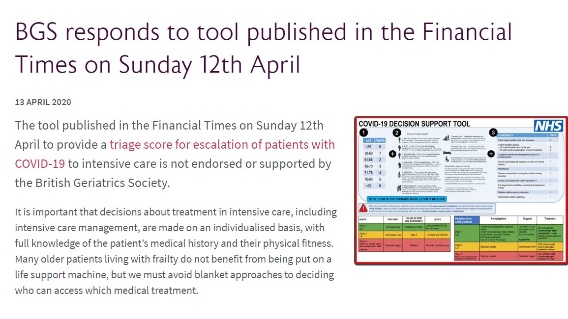 Tool published in <a href="/FT/">Financial Times</a> on 12 April to provide a triage score for escalation of patients with #COVID19 to intensive care is NOT endorsed or supported by the BGS. Treatment decisions in intensive care should be made on individualised basis, regardless of age bgs.org.uk/policy-and-med…