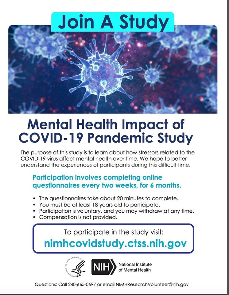 Important for a diverse group of people to respond to this. Take part in the Mental  Health Impact of Covid-19 Pandemic Study #Covid19 #NIHStudy #MentalHealth nimhcovidstudy.ctss.nih.gov