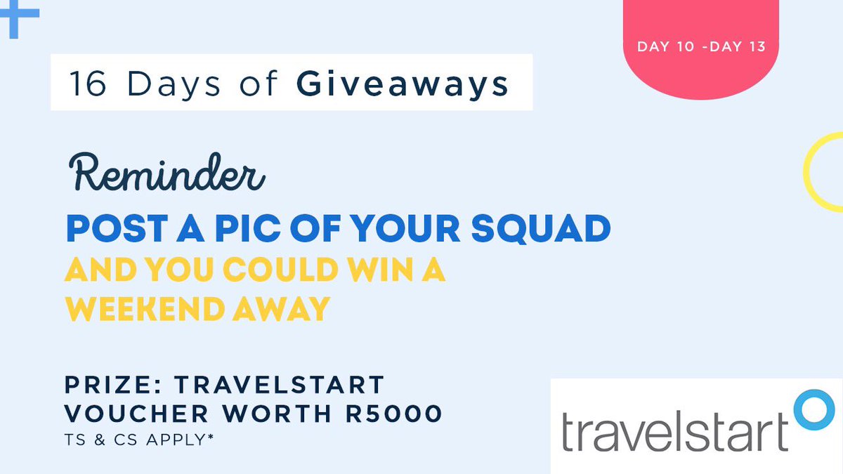 SweepSouthSA's tweet photo. 16 DAY LOCKDOWN CHALLENGE
Day 10-13
REMINDER! Challenge ends tonight at 23:59
Enter by:
๐Post a pic of your squad using both hashtags: #SSLockDown & #Travelstart
๐Retweet & tag @Travelstart
Ts&Cs Apply https://t.co/LyUxYHrroN