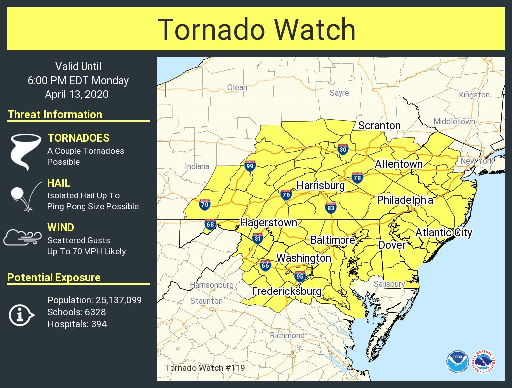 A tornado watch has been issued for parts of DE, DC, MD, NJ, PA, VA, WV until 6 PM EDT