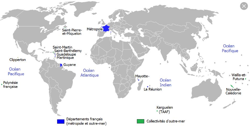 Comme je sais d& #39;avance que beaucoup de personnes ne sont douées en géographie, je place ici la carte des Outre- Mer français avant de commencer