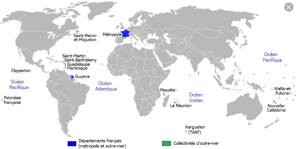 Comme je sais d'avance que beaucoup de personnes ne sont douées en géographie, je place ici la carte des Outre- Mer français avant de commencer