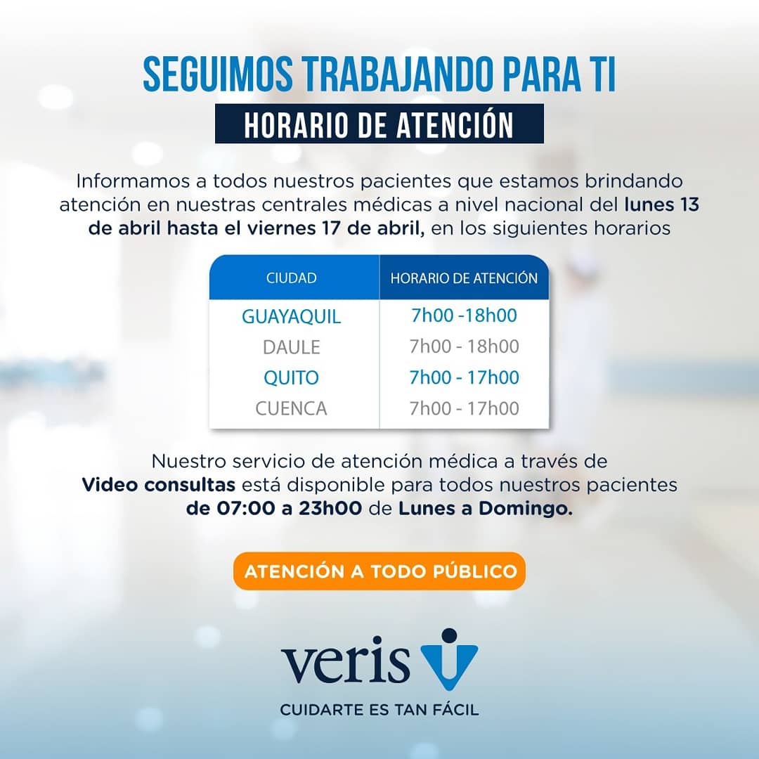 VerisEcuador's tweet photo. Mantenemos la atención presencial en todas nuestras Centrales Médicas de Guayaquil, Quito y Cuenca. Agenda y paga tu cita en https://t.co/V2ndcq9BAc o a través de la AppMiVeris.
#Veris #CuidarteEsTanFácil #VerisEc #Salud #Coronavirus #CoronavirusEc https://t.co/h1izYeaXFf