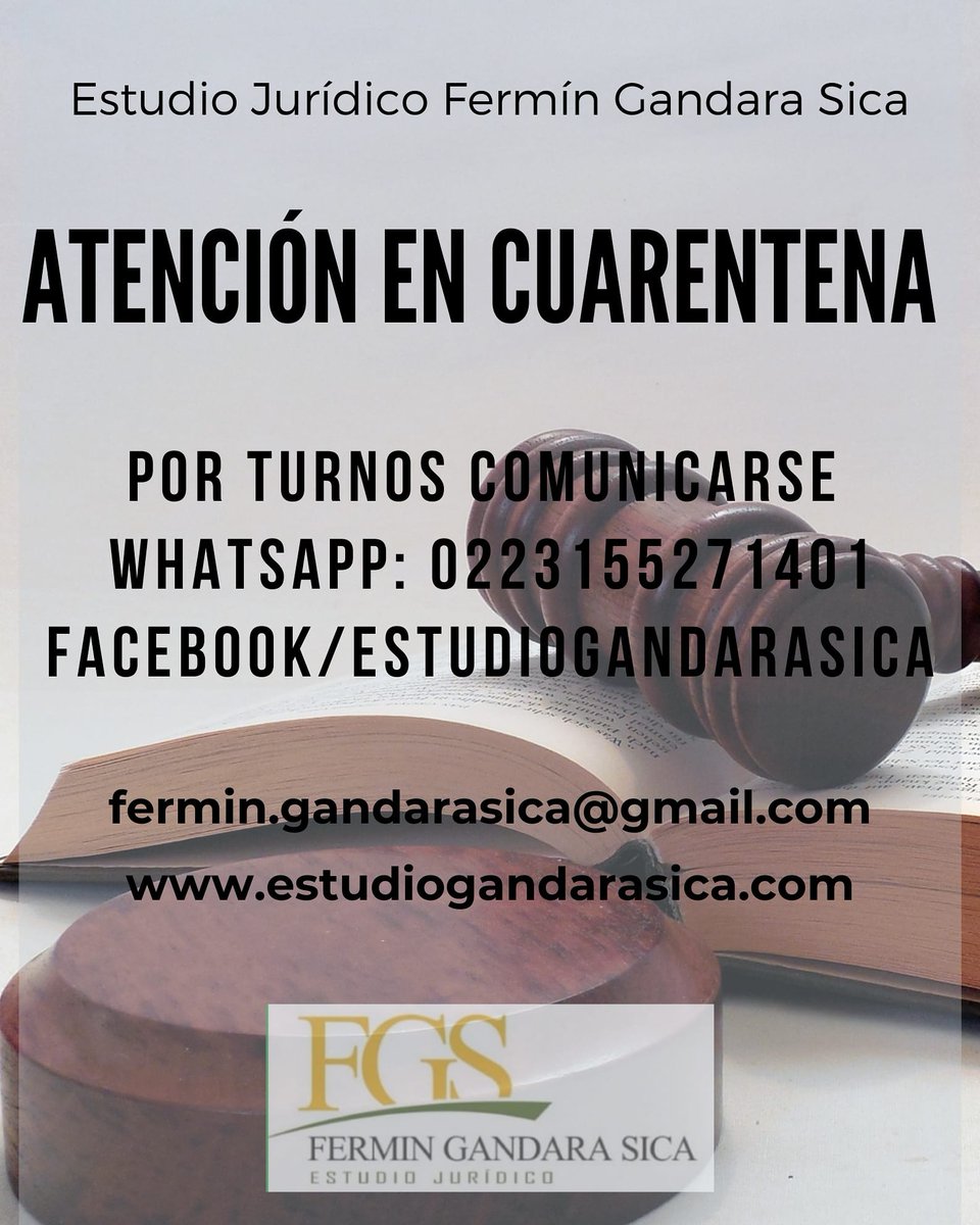 EstudioSica's tweet photo. El Estudio Jurídico Fermín Gándara Sica pone a disposición los distintos medios de comunicación y contacto.

📲CEL. 0223155271401

🖥️https://t.co/zX0m1tiXBD

📨fermin.gandarasica@gmail.com

ℹ️Facebook/estudiogandarasica

#estudiojuridico #abogado #coromavirus #turnos https://t.co/mpPigo978O