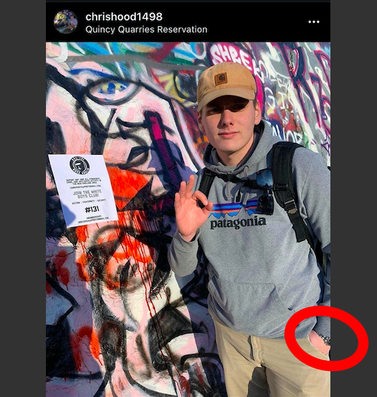 19/ And when you post Nazi propaganda with your faces blurred out, Zachary, don't wear a shirt with the name of your town.And tell Chris Hood to stop wearing that watch. It's so distinctive that this isn't even a challenge anymore. (Also, Chris creases his pants like a nerd.)