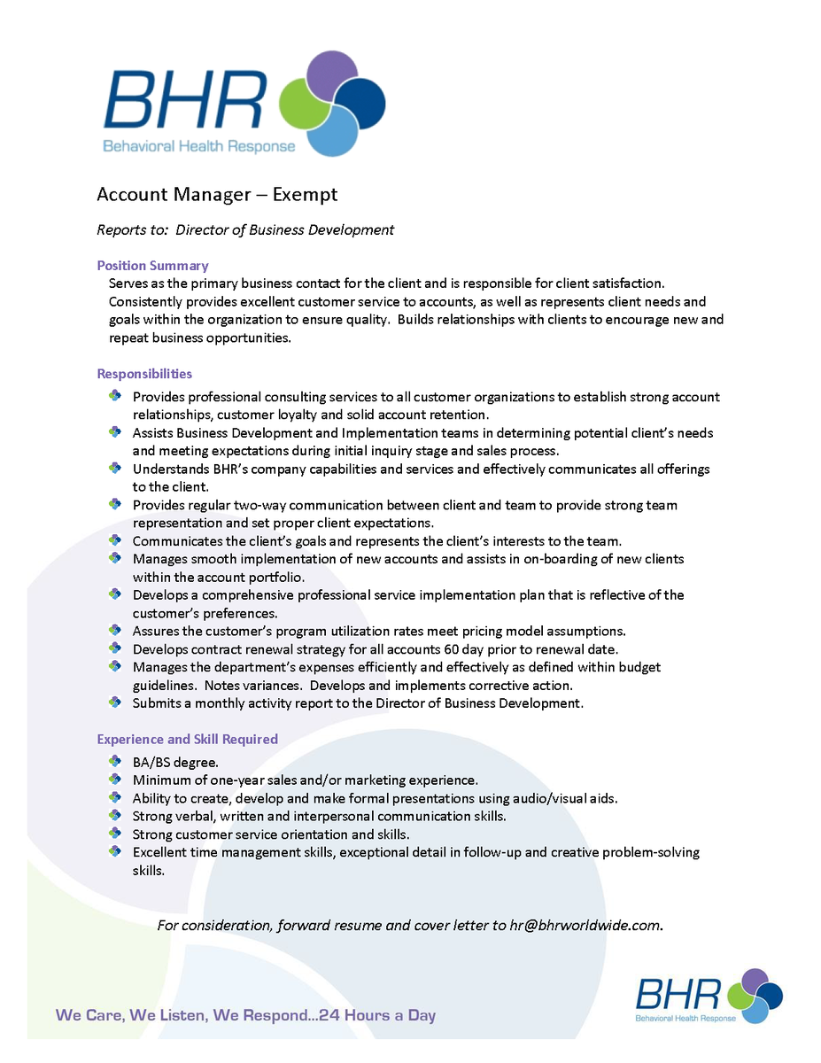 We Are HIRING! Account Manager
Serves as primary business contact for client, responsible for client satisfaction. Builds relationships w/ clients to encourage new, repeat business opportunities. Please share w/ qualified candidates. <a href="/Pat_ColemanMBA/">Pat Coleman</a> <a href="/BartAndrews/">Bart Andrews</a> #mentalhealth