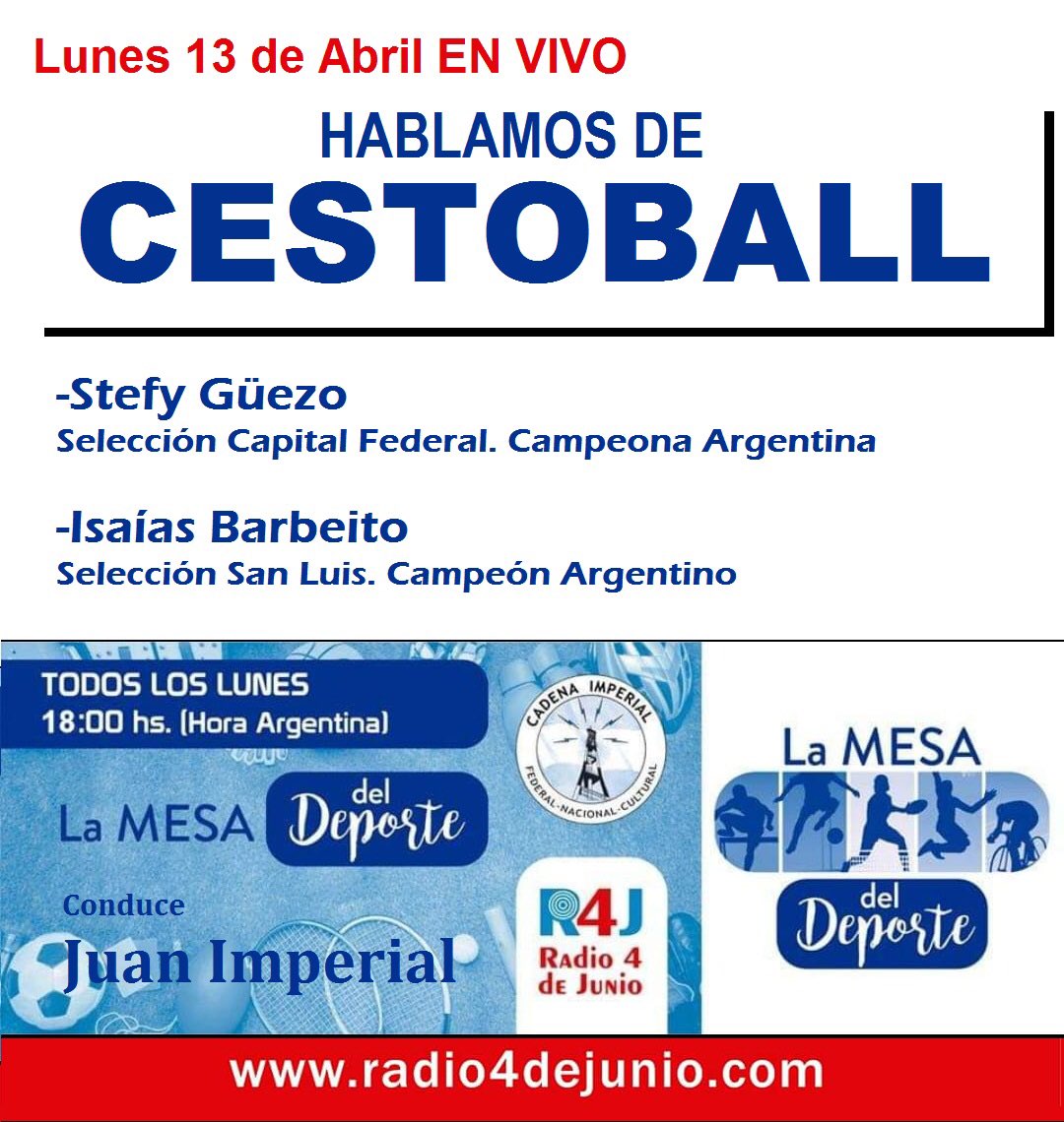 Este lunes 13 de Abril a las 18 hs en La Mesa del Deporte por @la4dejunio tendremos en el bloque de #Cestoball la palabra de <a href="/stefyguezo/">stefania güezo</a> de la Selección de <a href="/cestocapital/">Cestoball Capital</a> y de <a href="/isaiasbarbeito/">Isaías Barbeito</a> de @cestoballsanluis
Escuchalos EN VIVO por
RADIO4DEJUNIO.COM