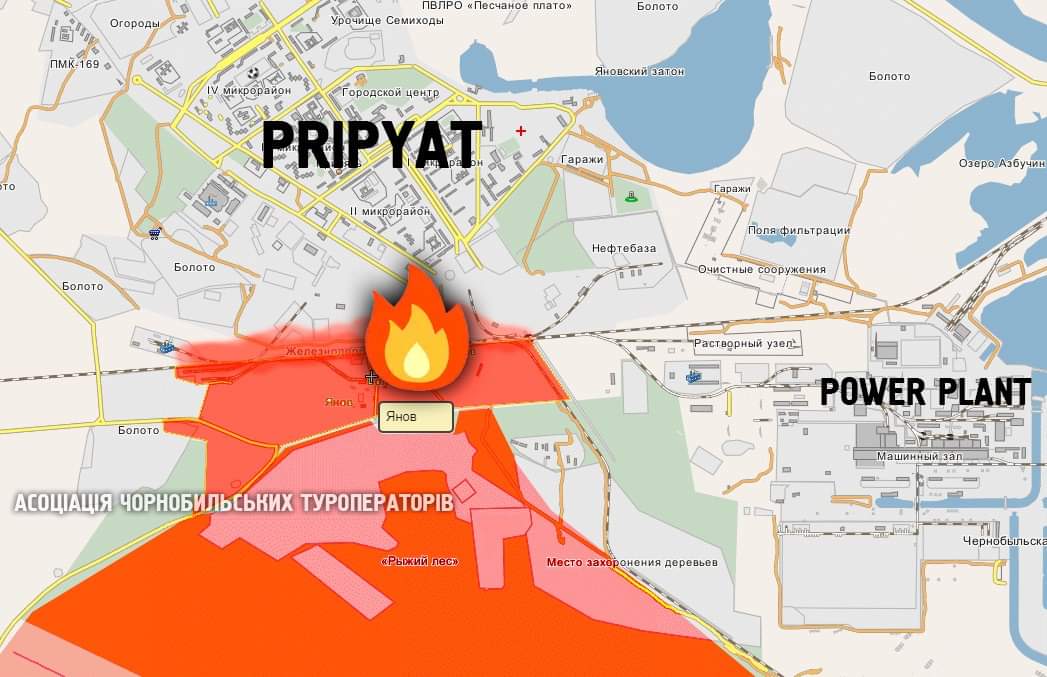 You can see in the map here the fire is at Pripyat, although I am hearing there is a "ray of hope" for it as the fire is blowing east. Again, though, this puts it directly headed for the power plant
