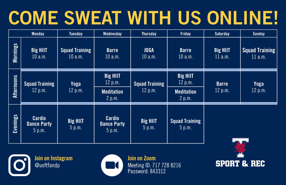 UofTSportandRec's tweet photo. 💥BIG NEWS💥Introducing #UTain: daily live and on-demand workouts and classes, all on a BRAND NEW SCHEDULE! Challenge yourself with HIIT workouts 💪, dance like nobody's watching with a Cardio Dance Party 💃 and ground yourself with Yoga🧘
Learn more at https://t.co/WEQ4rnmTRc https://t.co/Szd3f2eCj5