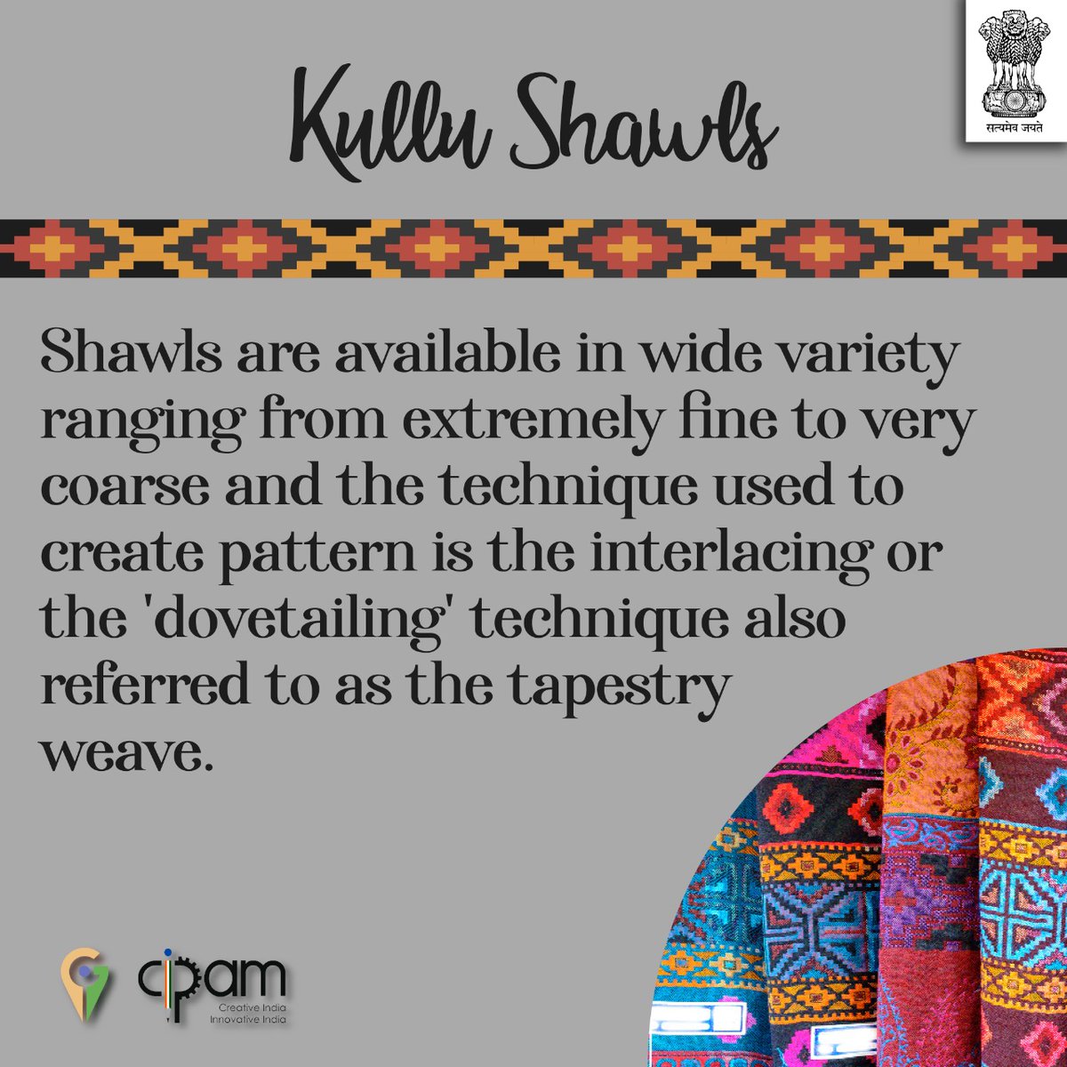 CIPAM_India's tweet photo. #KnowYourGI : आइये हिमाचल प्रदेश के इस भौगोलिक उपदर्शन 'कुल्लू शाल' के बारे में जानें कुछ खास बातें। #GisofIndia #WahGI #HumaraGI #LetstalkIP (4/4) https://t.co/GRYjQVBsCi