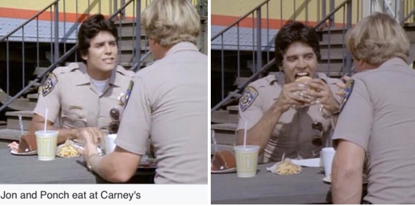 #NationalMakeLunchCountDay Ponch and Jon enjoying lunch at Carney’s a hot dog and hamburger restaurant built out of old railroad carriages🍔🍟🌭The episode was Name Your Price❤️In this trying time someone may not be able to afford a lunch so pay it forward kindness counts👍