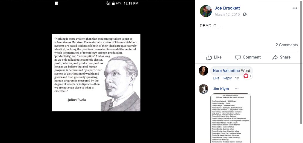 18/ I'd blur his dad's face, but from looking at his Facebook profile, he appears to be a fascist, too, posting quotes from super-fascist Julius Evola.