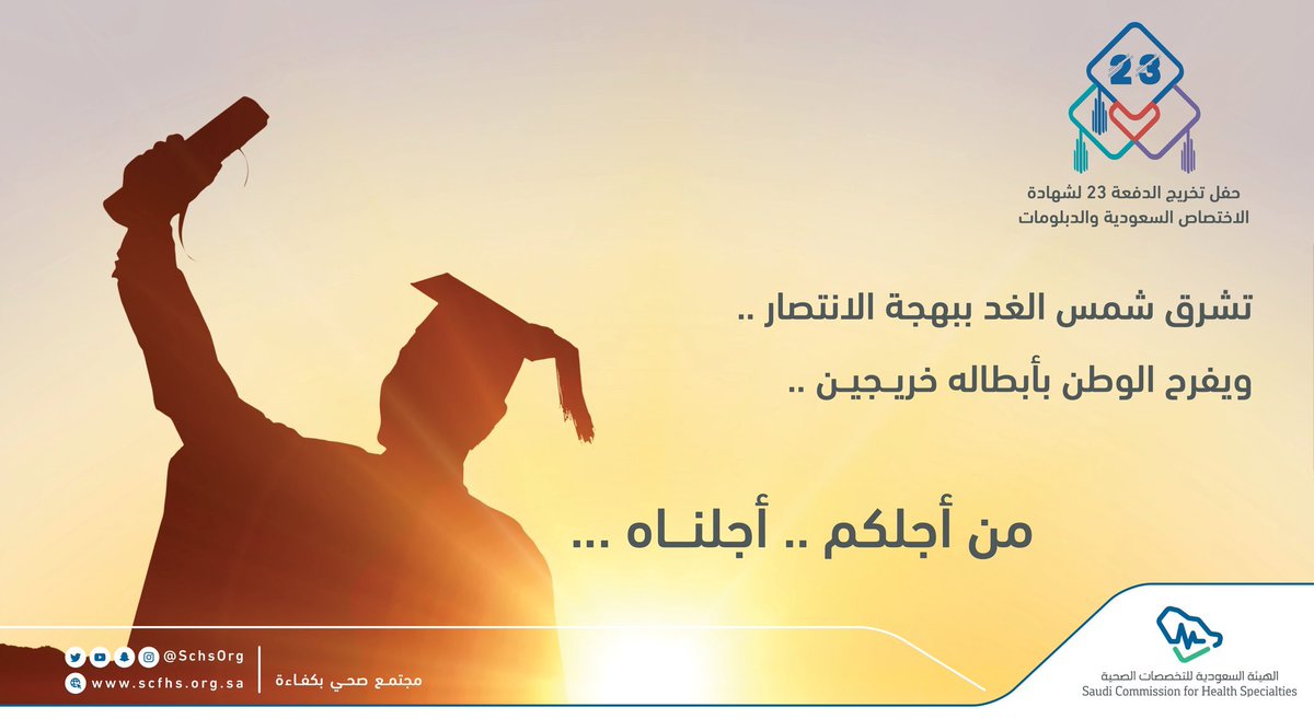 أحبابي خريجي الدفعة ٢٣ من متدربي شهادة الاختصاص.. اليوم ١٣ إبريل كان يفترض أن يكون حفل تخرجكم. بحول الله نحتفل معا برعاية والدنا العظيم خادم الحرمين الشريفين وحضور وزيرنا المحبوب بعد انجلاء هذه الجائحة قريبا. اللهم احفظ بلادنا وولاة أمرنا وأهلناونراكم قريبا ببهجة وفرح بحول الله..