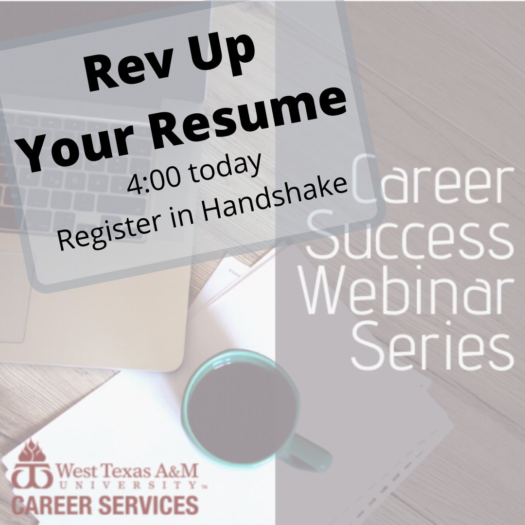 wtcareer's tweet photo. #SocialDistancing #StayatHome #whateveryoucallit When this is over (or maybe before), you'll need a resume! Learn all about how to develop one TODAY at 4:00 CDT. Sign up and find ALL the details in Handshake. #wtamucareersuccesswebinarseries #wtallthejobsalert https://t.co/TnIILoxgOq