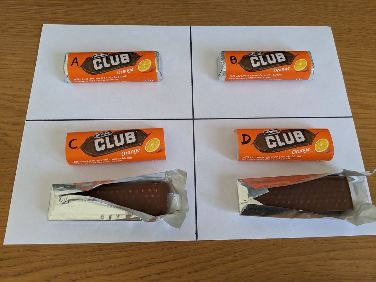 Some of you went for C or D because of slight imperfections, or, in some cases, because they were "too perfect". I& #39;m afraid you& #39;ve overthought this. Both C and D contained chocolate. The answer is one of the two front-runners.