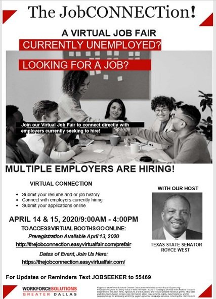 CityofDallasSBC's tweet photo. Are you Looking for a job? Workforce Solutions of Greater Dallas is hosting a Virtual Job Fair! #BUILDDallas #Dallas #DallasBusinessGrowth https://t.co/grh15RbFmi