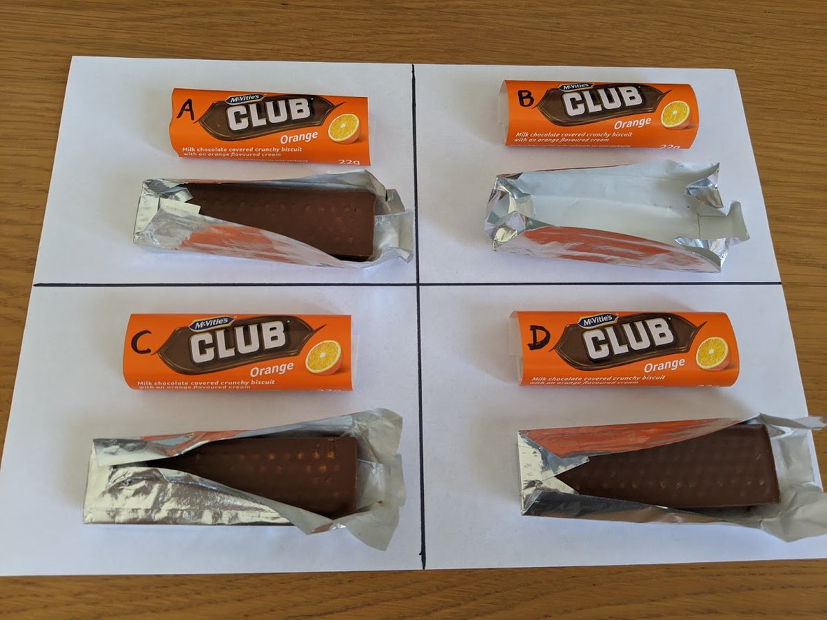 ... and there was certainly no chocolate visible in B, because B was the correct answer! The wisdom of the crowd was right.The front edge sitting slightly higher due to the lack of weight was the key to solving this one.The slightly crumpled foil on A was entirely natural.