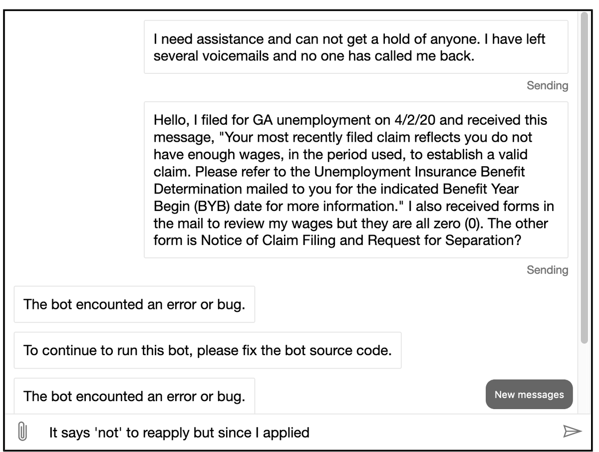 ooh_creative's tweet photo. @Butler4GA Mark, I've been trying to receive assistance since 4/3 but no one is responding. The chat option on website isn't working. I am self-employed, filed on 4/2 and screenshot is the reply received. The new info says I should not reapply. At a loss of what to do without assistance. https://t.co/YGogWLetCD