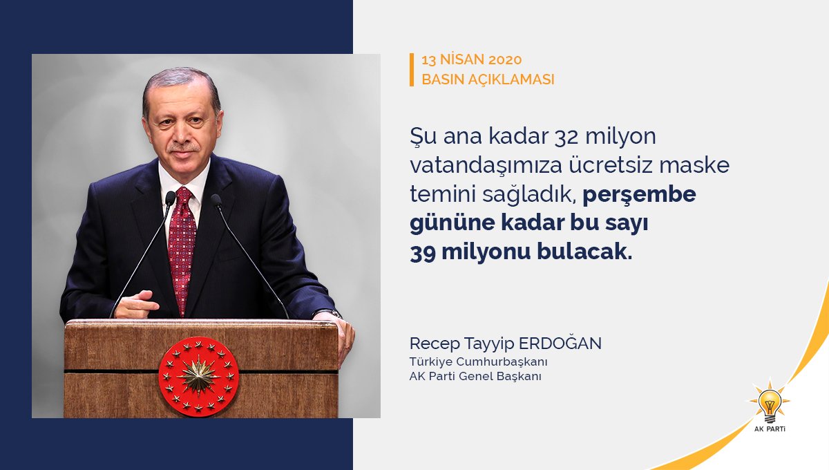 akpartiistanbul's tweet photo. Başkanımız Sayın @RTErdogan: "Şu ana kadar 32 milyon vatandaşımıza ücretsiz maske temini sağladık, perşembe gününe kadar bu sayı 39 milyonu bulacak.” https://t.co/VkWcutObtU
