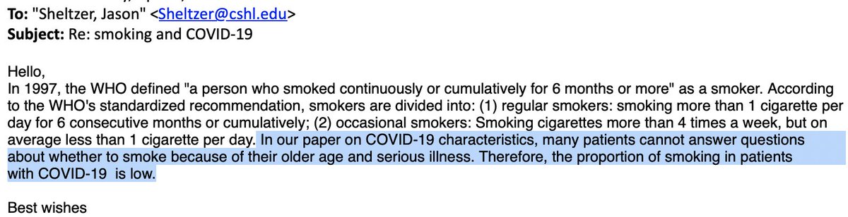 In order to further investigate, I emailed the authors of some of the studies on COVID-19 in China. One doctor replied that their smoking frequency was so low because some patients were literally too sick to answer the question: