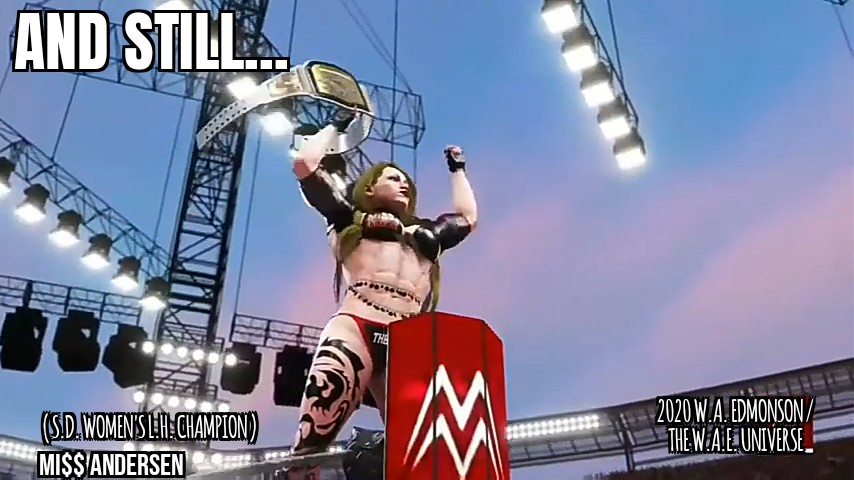 B_eWrestlingTV's tweet photo. In addition to still being SmackDown Women's Champion, Here's your Winner and still #SmackDown Women's L.H. Champion, @MissAndersenWAE after a successful title defense. #WWE2K20 #eWrestling #eSports #CAW #gaming #Xbox https://t.co/qsPAGpq3um