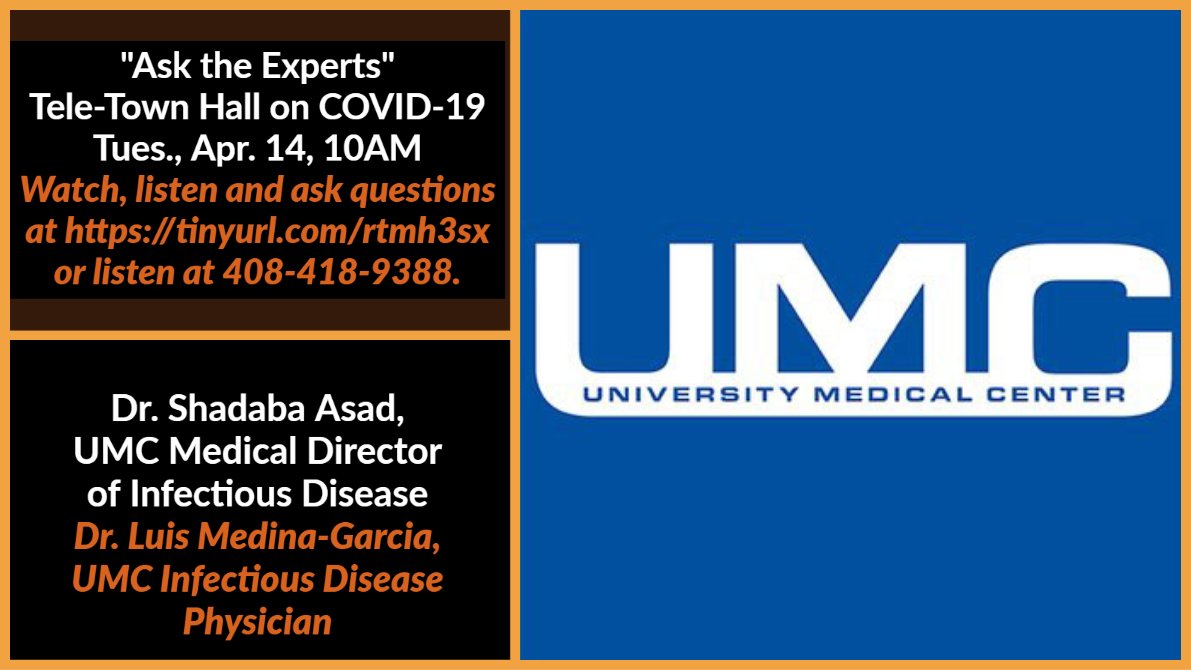 ClarkCountyNV's tweet photo. The public is invited to take part in an “Ask the Medical Experts” Tele-Town Hall about #Coronavirus tomorrow at 10AM with experts from @UMCSN. 

Watch, listen and ask questions at https://t.co/hvvCGxLwzE or listen at 408-418-9388.

#Vegas #COVID19 #InItTogetherSNV https://t.co/npuEVUgeaG