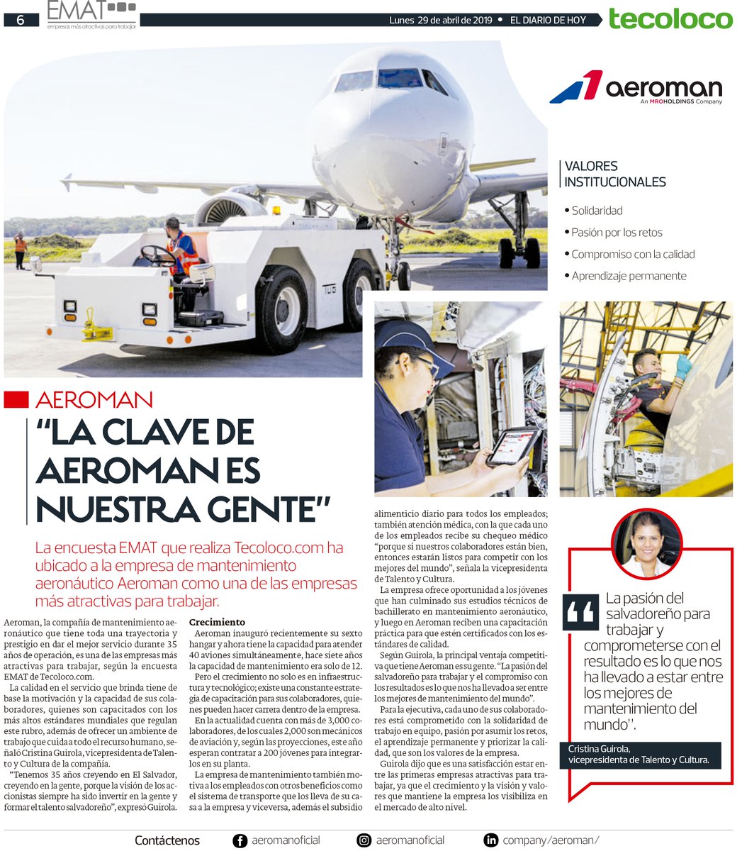 aeromansv's tweet photo. ✅En la última edición de la encuesta EMAT de #Tecoloco fuimos reconocidos como una de las empresas más atractivas para trabajar en #ElSalvador, una de las razones para este reconocimiento es la constante capacitación que reciben nuestros colaboradores. Lee más aquí 👇👇 https://t.co/SPogJ3lVxV