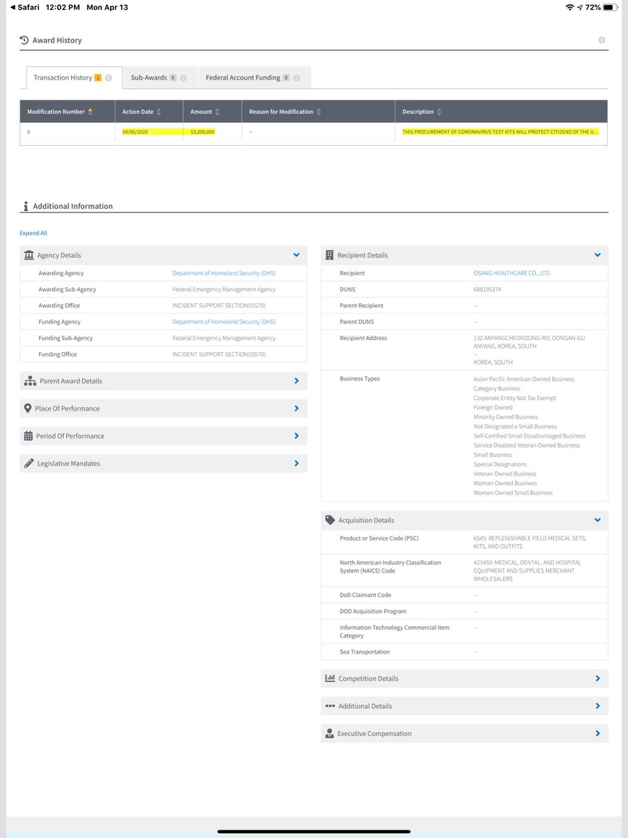 Award ID - 70FB7020P00000020$3,000,000.00 for 600K test?So maybe Trump did direct FEMA to cut the po on 4/6/2020 - I can’t wrap my head around how fucked up this admin is https://drive.google.com/file/d/1yjA-xMGwoEYAOIAnyT0UJn8VS25PvTo0/view?usp=drivesdk