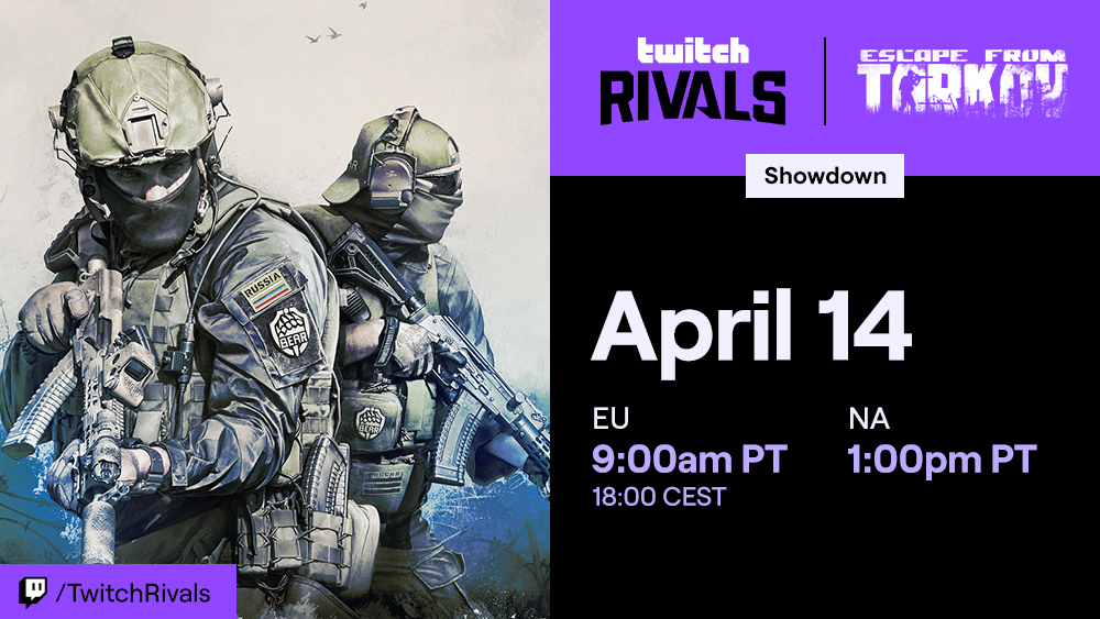 TwitchEsports's tweet image. Don't miss the $60,000 Twitch Rivals Escape from Tarkov Showdown!

Link your @bstategames and Twitch accounts for a chance to earn exclusive Twitch Rivals Legendary Drops while watching.

It all begins tomorrow at 9am PT at twitch.tv/twitchrivals