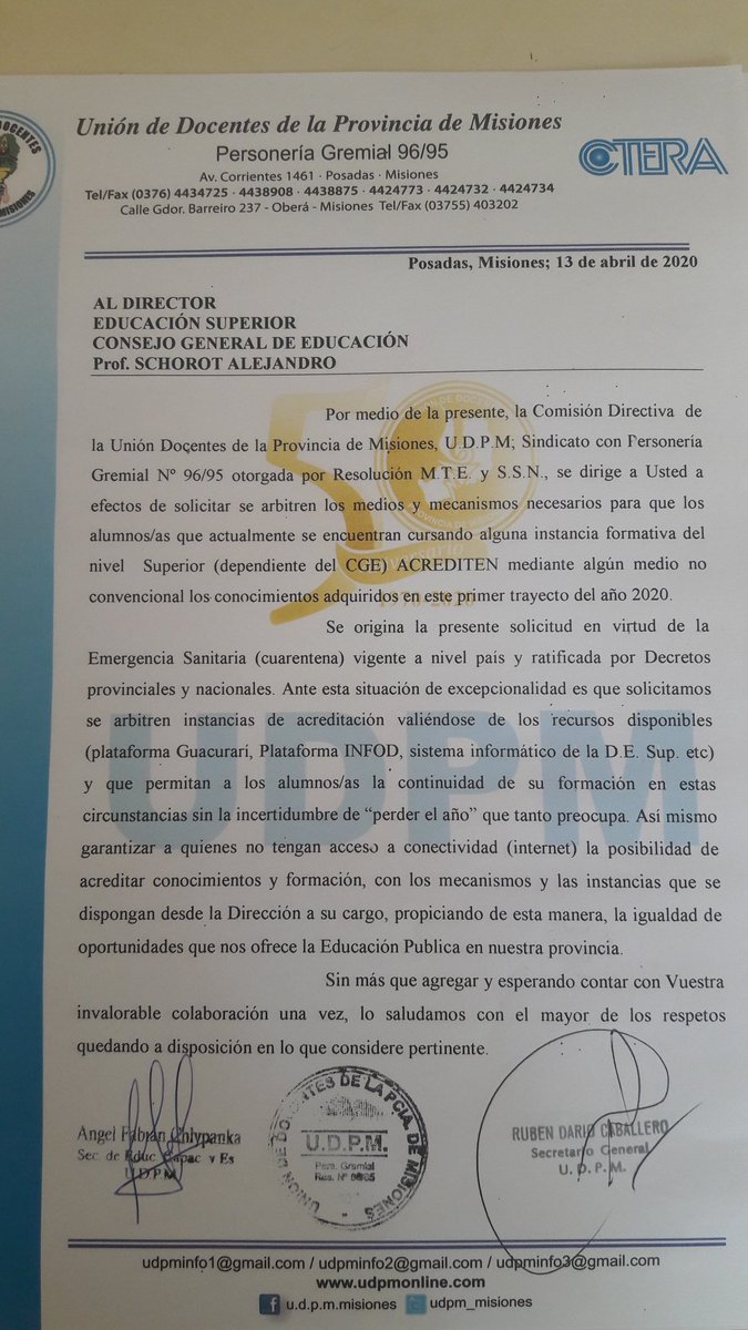 Solicitamos desde <a href="/udpm_misiones/">UDPM</a> a la <a href="/DirEdSup_Mnes/">DirEdSup MISIONES</a> se habiliten instancias de acreditación de trayectos formativos a estudiantes de carreras de nivel superior dependientes del CGE, garantizando igualdad en tiempos de cuarentena <a href="/Marcos42866602/">Marcos Caballero</a> <a href="/fabianchilipank/">Fabian Chilipanka</a> <a href="/marcenilsson/">⬅️marcenilsson</a>
