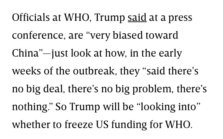 First, all of this is framed as a “right-wing” plan. The entire opening is meant for the reader to guard their loins, because the Bad Opinions are coming. The first is that Trump accuses the  @WHO of covering for China. That’s demonstrably true. Screenshots below.